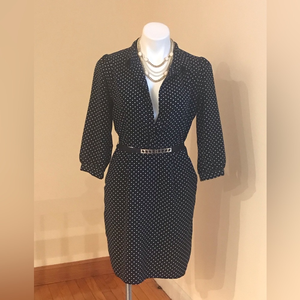 Forever 21 Navy Polka Dots 3/4 Sleeve Dress Zip On The Side Deep Pockets…